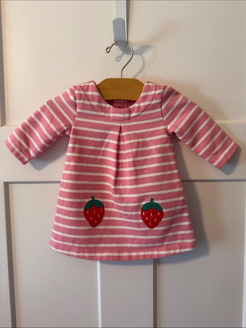 Baby Boden Pink/White Striped Strawberry Jersey Dress - Size 0-3m - Like New!